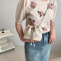 Women's Small Canvas Straw Solid Color Basic Bucket String Crossbody Bag main image 2