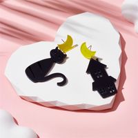1 Pair Cartoon Style Funny House Moon Cat Asymmetrical Hollow Out Arylic Drop Earrings main image 5