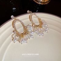 Elegant Vintage Style Oval Alloy Tassel Pearl Inlay Rhinestones Women's Drop Earrings main image 6