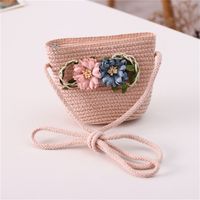 Girl's Straw Flower Strawberry Bow Knot Cute Bucket Zipper Crossbody Bag sku image 4