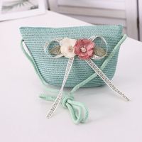Girl's Straw Flower Strawberry Bow Knot Cute Bucket Zipper Crossbody Bag sku image 10
