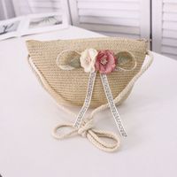 Girl's Straw Flower Strawberry Bow Knot Cute Bucket Zipper Crossbody Bag sku image 6