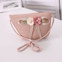 Girl's Straw Flower Strawberry Bow Knot Cute Bucket Zipper Crossbody Bag sku image 9