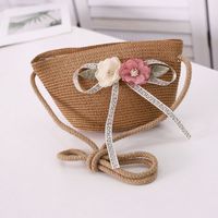 Girl's Straw Flower Strawberry Bow Knot Cute Bucket Zipper Crossbody Bag sku image 7