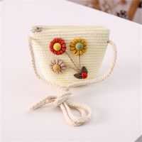 Girl's Straw Flower Strawberry Bow Knot Cute Bucket Zipper Crossbody Bag sku image 13