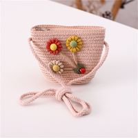 Girl's Straw Flower Strawberry Bow Knot Cute Bucket Zipper Crossbody Bag sku image 14