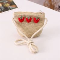 Girl's Straw Flower Strawberry Bow Knot Cute Bucket Zipper Crossbody Bag sku image 16