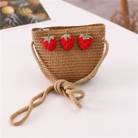Girl's Straw Flower Strawberry Bow Knot Cute Bucket Zipper Crossbody Bag sku image 17