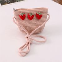 Girl's Straw Flower Strawberry Bow Knot Cute Bucket Zipper Crossbody Bag sku image 19