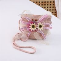 Girl's Straw Flower Strawberry Bow Knot Cute Bucket Zipper Crossbody Bag sku image 36