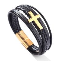 Casual British Style Cross Stainless Steel Pu Leather Knitting Men's Wristband main image 6