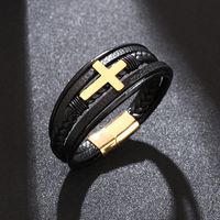 Casual British Style Cross Stainless Steel Pu Leather Knitting Men's Wristband main image 3