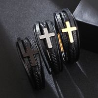Casual British Style Cross Stainless Steel Pu Leather Knitting Men's Wristband main image 2
