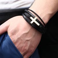 Casual British Style Cross Stainless Steel Pu Leather Knitting Men's Wristband main image 4