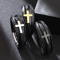 Casual British Style Cross Stainless Steel Pu Leather Knitting Men's Wristband main image 5
