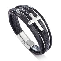 Casual British Style Cross Stainless Steel Pu Leather Knitting Men's Wristband sku image 1
