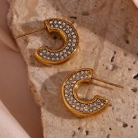 1 Pair Basic Vintage Style Classic Style C Shape Plating Inlay Stainless Steel Rhinestones 18k Gold Plated Ear Studs main image 4