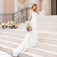 Wedding Dress Simple Style V Neck Lace Long Sleeve Solid Color Maxi Long Dress Wedding main image 1