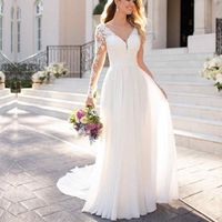 Wedding Dress Simple Style V Neck Lace Long Sleeve Solid Color Maxi Long Dress Wedding main image 2