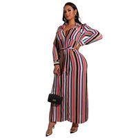 Shirt Dress Streetwear Turndown Belt Long Sleeve Stripe Maxi Long Dress Daily sku image 2