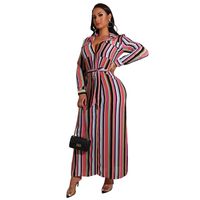 Shirt Dress Streetwear Turndown Belt Long Sleeve Stripe Maxi Long Dress Daily sku image 3