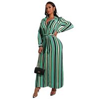 Shirt Dress Streetwear Turndown Belt Long Sleeve Stripe Maxi Long Dress Daily sku image 12