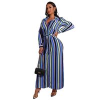 Shirt Dress Streetwear Turndown Belt Long Sleeve Stripe Maxi Long Dress Daily sku image 7