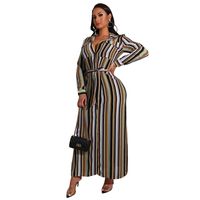 Shirt Dress Streetwear Turndown Belt Long Sleeve Stripe Maxi Long Dress Daily sku image 22