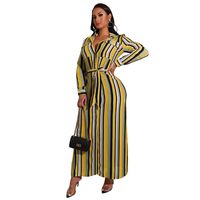 Shirt Dress Streetwear Turndown Belt Long Sleeve Stripe Maxi Long Dress Daily sku image 21