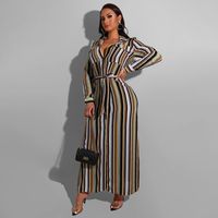 Shirt Dress Streetwear Turndown Belt Long Sleeve Stripe Maxi Long Dress Daily main image 5