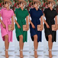 Femmes Robe Chemise Décontractée Col De Chemise Bouton Manche Courte Couleur Unie Robe Mi-longue Du Quotidien main image 1