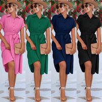 Women's Shirt Dress Casual Shirt Collar Button Short Sleeve Solid Color Midi Dress Daily main image 1
