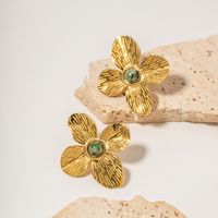 1 Pair Elegant Flower Plating Inlay Stainless Steel Turquoise 18k Gold Plated Ear Studs main image 5