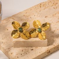 1 Pair Elegant Flower Plating Inlay Stainless Steel Turquoise 18k Gold Plated Ear Studs main image 1
