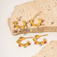 1 Pair Modern Style C Shape Plating Inlay Stainless Steel Pearl 18k Gold Plated Ear Studs main image 3