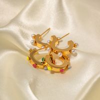 1 Pair Modern Style C Shape Plating Inlay Stainless Steel Pearl 18k Gold Plated Ear Studs main image 4