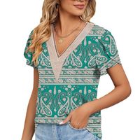 Women's T-shirt Short Sleeve Blouses Printing Contrast Binding Casual Flower main image 4