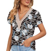 Women's T-shirt Short Sleeve Blouses Printing Contrast Binding Casual Flower main image 2
