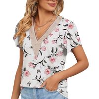 Women's T-shirt Short Sleeve Blouses Printing Contrast Binding Casual Flower main image 3
