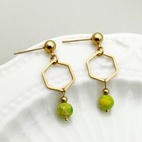 1 Pair Chinoiserie Classical Cute Hexagon Plating Hollow Out 304 Stainless Steel Natural Stone Natural Stone Beads 14K Gold Plated Drop Earrings main image 4