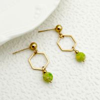 1 Pair Chinoiserie Classical Cute Hexagon Plating Hollow Out 304 Stainless Steel Natural Stone Natural Stone Beads 14K Gold Plated Drop Earrings main image 5