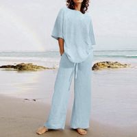 Women's Casual Solid Color Cotton Blend Pants Sets sku image 3