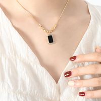 French Style Shiny Rectangle Titanium Steel Plating Inlay Acrylic Artificial Diamond 18k Gold Plated Pendant Necklace main image 3