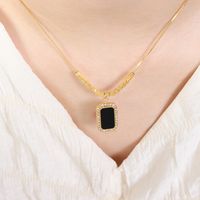 French Style Shiny Rectangle Titanium Steel Plating Inlay Acrylic Artificial Diamond 18k Gold Plated Pendant Necklace main image 2