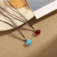 Casual Retro Oval Alloy Leather Rope Inlay Turquoise Resin Women's Necklace main image 5