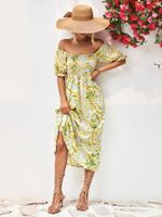 Women's A-line Skirt Vacation Boat Neck Printing Short Sleeve Flower Maxi Long Dress Street sku image 9