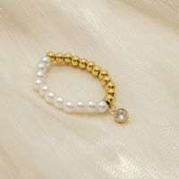 Casual Simple Style Round Imitation Pearl Titanium Steel Beaded Plating Inlay Zircon 14k Gold Plated Women's Charm Ring main image 4