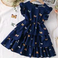 Elegant Princess Cute Butterfly Printing Lettuce Trim Ruffles Cotton Girls Dresses main image 1