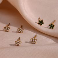1 Pair Elegant Simple Style Flower Stainless Steel Plating Inlay Rhinestones Pearl 18k Gold Plated Ear Studs main image 1