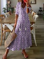 Women's A-line Skirt Simple Style V Neck Printing Tassel 3/4 Length Sleeve Plaid Maxi Long Dress Daily main image 5